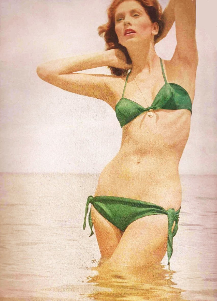 Suzy Parker in a green bikini.